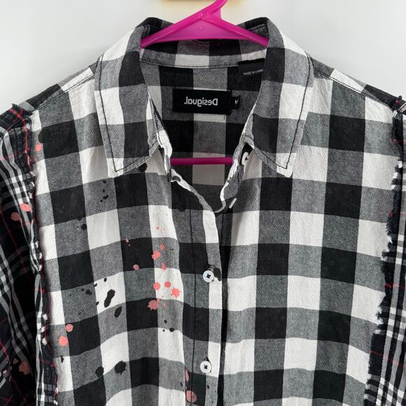 Desigual Shirt Women's Size Medium 'Vive' Patchwork Plaid Long Sleeve Cotton B&W - Picture 6 of 16